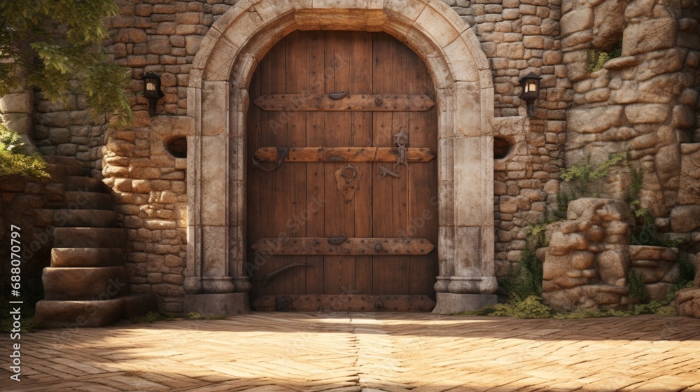 A sturdy wooden door set within a stone tower, commanding a breathtaking view of the medieval countryside.
