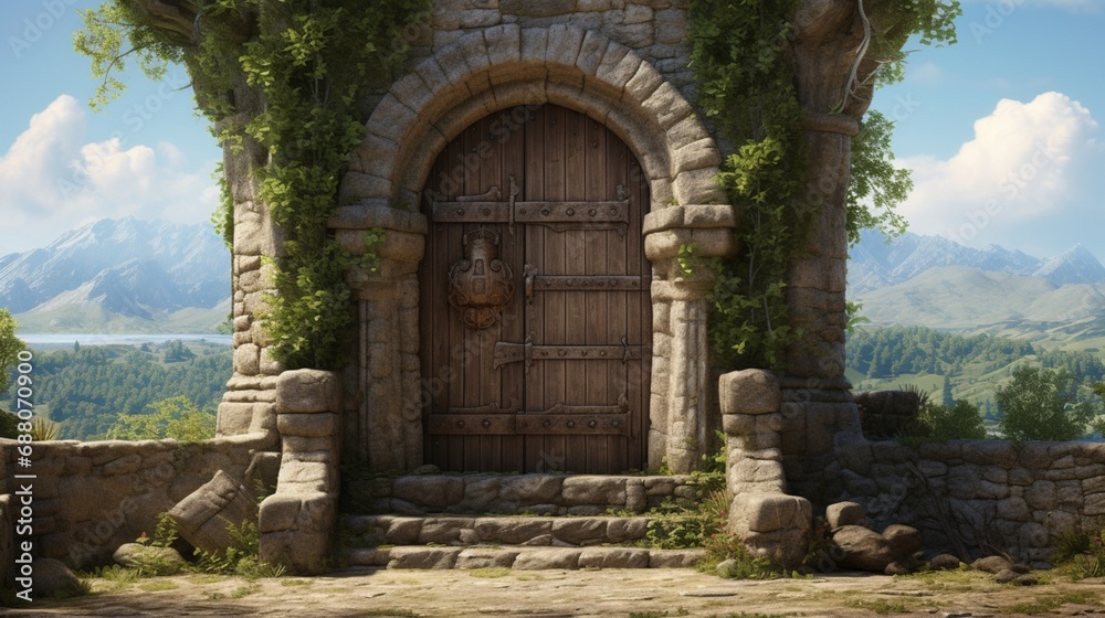 A sturdy wooden door set within a stone tower, commanding a breathtaking view of the medieval countryside.