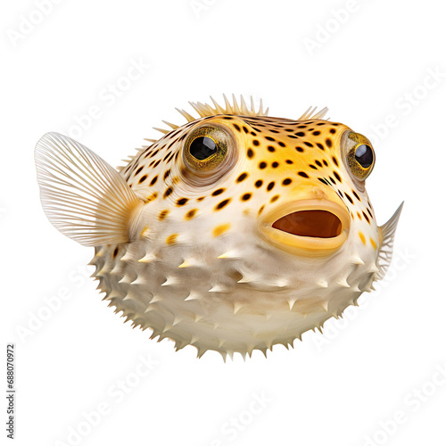 side view of Pufferfish fish swimming isolated on a white transparent background 