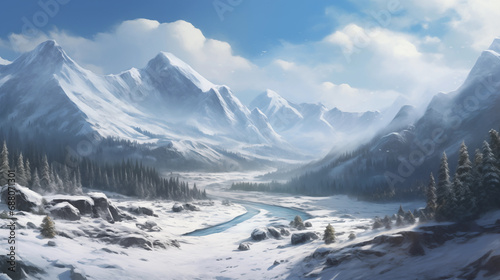 Snow-covered landscapes, including mountains, forests, and fields. llustration for cover, interior design. AI generative. © Анатолий Савицкий