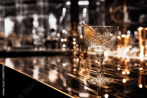 Wallpaper Mural Selective focus, colourless cocktail with fancy decorated glass on countertop of cocktail bar and blur background of luxury elegant golden vibe bar. Torontodigital.ca