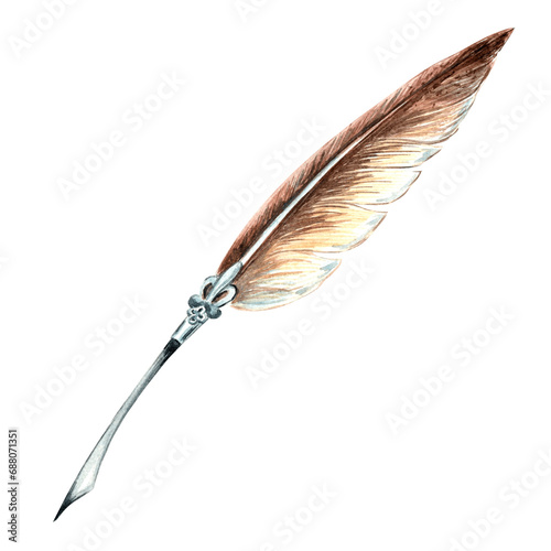 Feather pen Watercolor illustration elegant quill vintage. Writing supplies, antique objects. Hand drawn isolated template for invitation and card, printing on packaging and textiles, making stickers