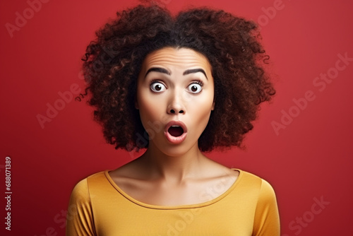 Stunned Afro american woman looks with scared speechless expression