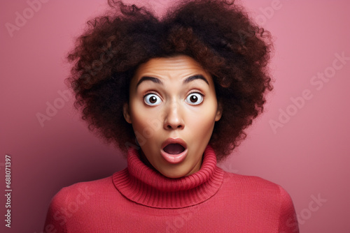 Stunned Afro american woman looks with scared speechless expression