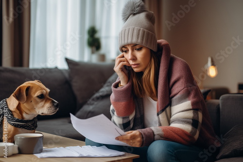 Sad woman wearing coat and hat looking at high prices for house heating. photo