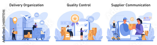 Supply Chain Management set. Efficient logistics coordination, rigorous quality oversight, and effective supplier interaction. Streamlining delivery, ensuring product excellence. vector illustration