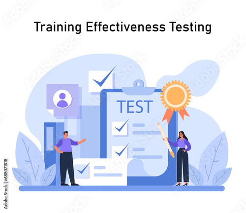 Trainers evaluate upskilling results with a test. Focused on ensuring trainee expertise, the scene highlights exam success and the pursuit of excellence. Benchmarking training outcomes. Flat vector.