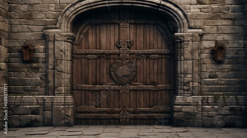A weathered wooden door with intricate ironwork, standing sentinel in the stone walls of a medieval castle.