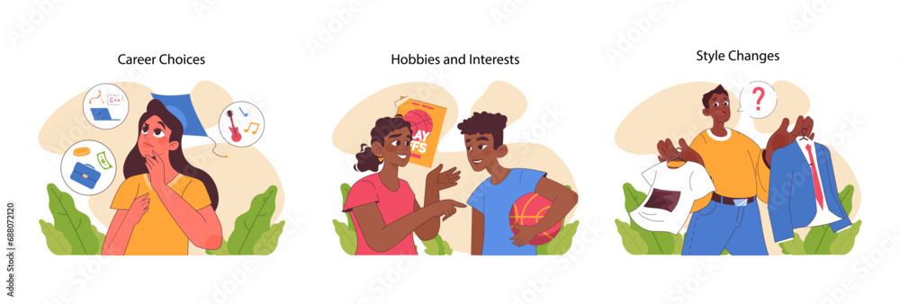 Adolescent Development set. Young individuals exploring career paths, leisure activities, and personal style. Decision-making in life stages. Flat vector illustration