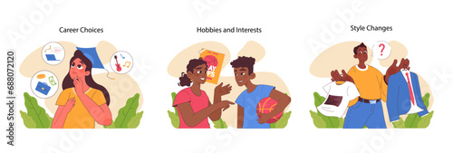 Adolescent Development set. Young individuals exploring career paths, leisure activities, and personal style. Decision-making in life stages. Flat vector illustration