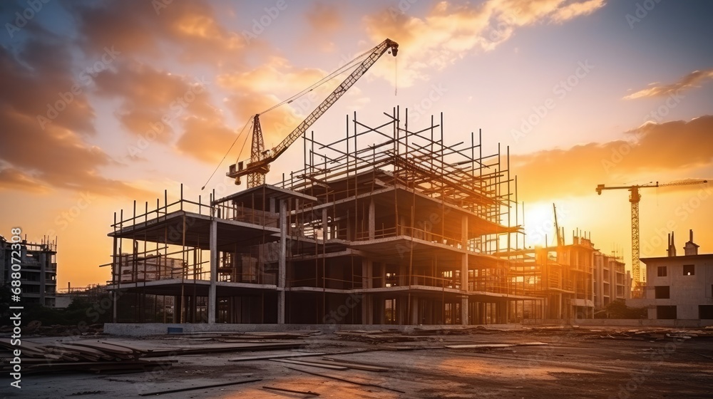 Construction site and sunset , structural steel beam build large residential buildings -