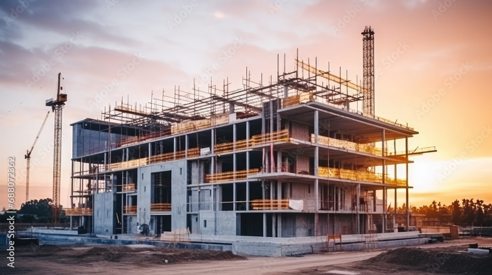 Construction site of large residential commercial building, some floors already built. Metal structure with evening sky background