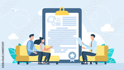 Business partners coming to agreement and concluding contract. Young family in real estate office. Couple choosing home. Property broker. Partnership, cooperation and teamwork. Vector illustration