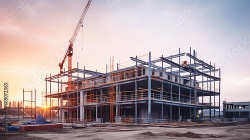 Construction site of large residential commercial building, some floors already built. Metal structure with evening sky background 