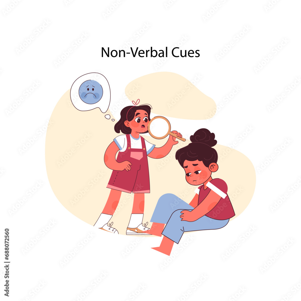 Non-verbal cues concept. Girl with magnifying glass observes distressed child, understanding emotions beyond words. Perception of body signals. Recognizing unspoken feelings. Flat vector illustration Non-verbal cues concept. Girl with magnifying glass observes distressed child, understanding emotions beyond words. Perception of body signals. Recognizing unspoken feelings. Flat vector illustration