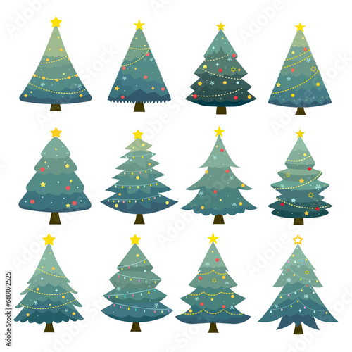 Collection of beautiful decorative Christmas tree on white background, traditional symbols with garland, light bulb, ball, snowflake and star. Colorful winter holiday icons cartoon vector illustration