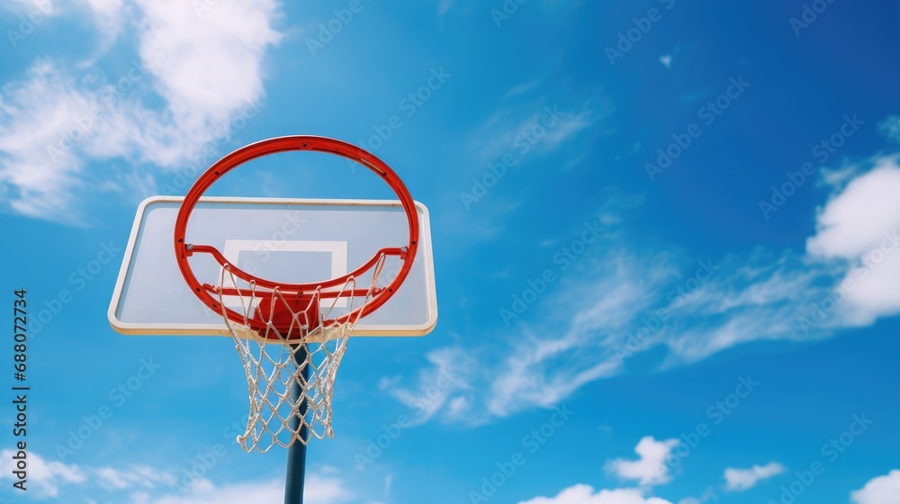 A basketball hoop set against a pristine blue sky, UHD, Natural Lighting, Super-Resolution, RTX, Composition Rule of Thirds, ISO 200, ISO 400, Photo realistic, Super detailed, No blur,
