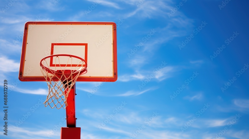 A basketball hoop set against the backdrop of a vivid blue sky, light color, , UHD, Natural Lighting, Super-Resolution, RTX, Composition Rule of Thirds, ISO 200, ISO 400, 