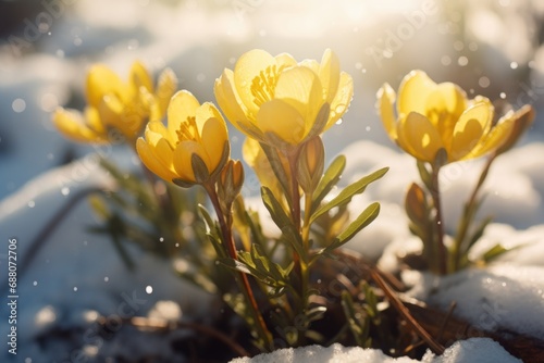 A group of yellow flowers sitting on top of snow covered ground, winter aconite flowers. © Friedbert
