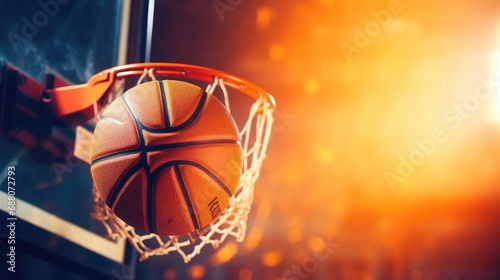 A photo of a basketball suspended mid-air, just moments before it swishes through the net, showcasing the perfect positional accuracy, Front view, stop method, painted, FHD,  © sambath