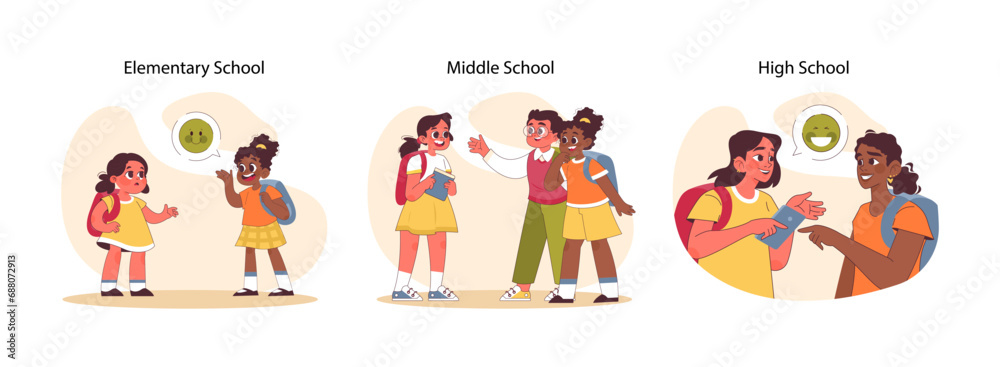 Child milestones set. Journey from childhood to teenage years. Elementary, middle and high school stages. Communication with friends, socialization with classmates. Flat vector illustration