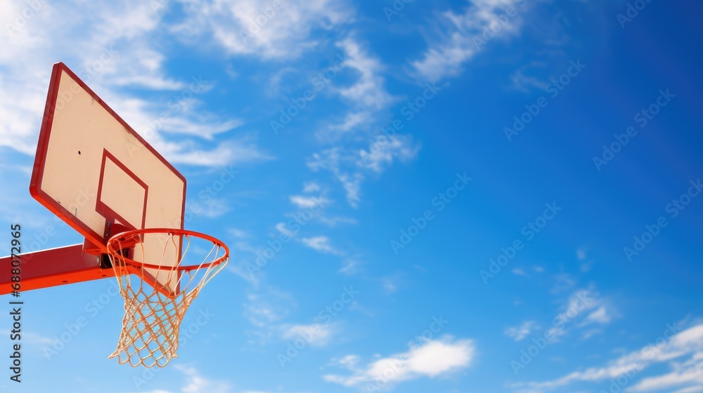 An inviting basketball hoop contrasted against a flawless, azure sky, UHD, Natural Lighting, Super-Resolution, RTX, Composition Rule of Thirds, ISO 200, ISO 400, 