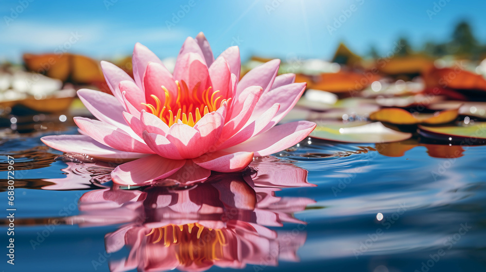 Serene Pink Water Lily Resting on Calm Pond Waters, a Reflection of Nature's Delicate Beauty