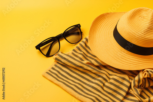Beach accessories. Sunglasses, hat and scarf on a yellow background.