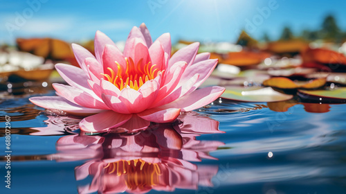 Serene Pink Water Lily Resting on Calm Pond Waters  a Reflection of Nature s Delicate Beauty