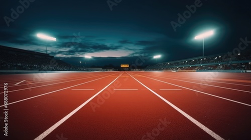 An empty outdoor running track at night with the stadium lights shining. From the perspective on the 100 meter dash finish line. Cinematic lighting photo