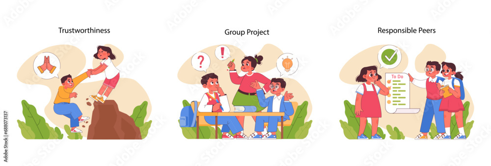 Child Responsibility set. Kids demonstrating trust, cooperation in group projects, and task management. Learning accountability through actions and teamwork. Flat vector illustration