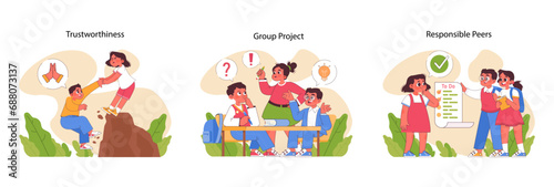 Child Responsibility set. Kids demonstrating trust, cooperation in group projects, and task management. Learning accountability through actions and teamwork. Flat vector illustration © inspiring.team
