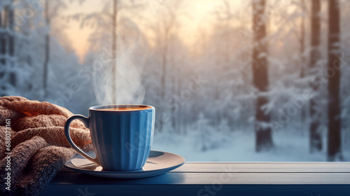 Hot chocolate on wooden windowsill with folded sweater with a view of the winter forest