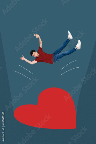 Vertical creative collage image of funny man falling love big heart valentine day dating concept weird freak bizarre unusual fantasy photo