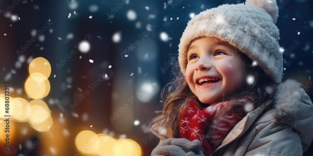 Little girl with christmas lights enjoying the holidays outdoors in snowfall. Happy cute child girl playing with Chistmas festive magic lights. Little girl with christmas lights enjoying the holidays outdoors in snowfall. Happy cute child girl playing with Chistmas festive magic lights.