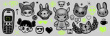 Y2k retro character icon set, vector rave cyber pixel funky sticker, cartoon acid groovy face, heart. 90s halftone mascot kit, computer game anime girl head, funny dot creature. Y2k character print