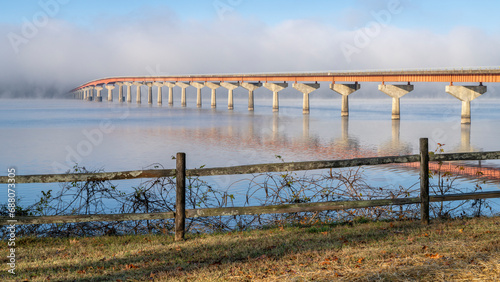 Natchez Trace National Parkway - bridge over Tennessee River from Tennessee to Alabama, foggy November sunrise