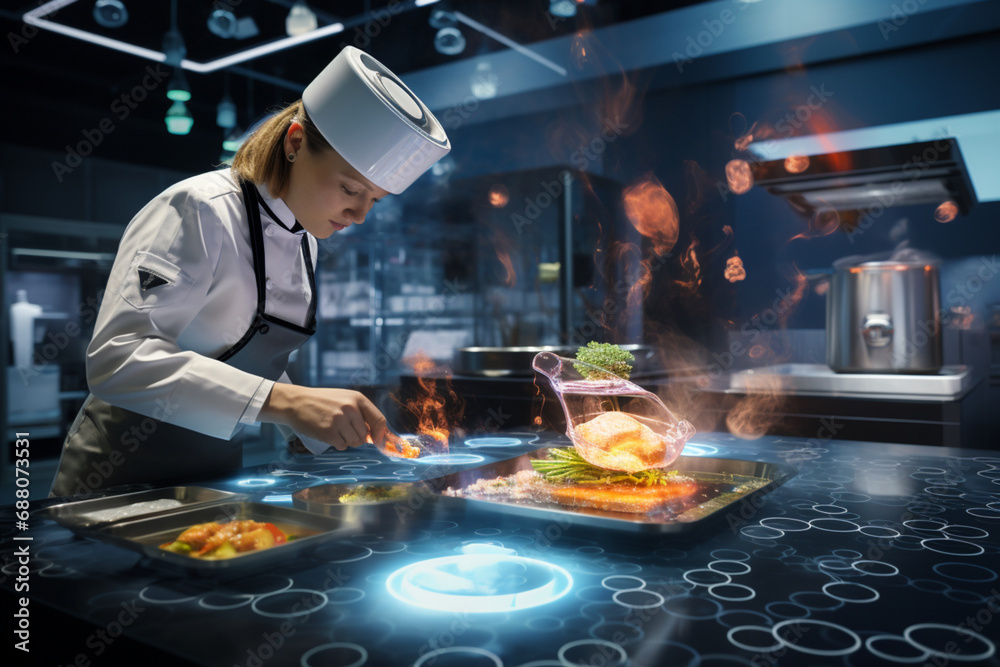 a culinary experience where algorithms craft unique and unexpected dishes, High-tech kitchen or avant-garde dining space, Illustrate AI-driven recipe generation a culinary experience where algorithms craft unique and unexpected dishes, High-tech kitchen or avant-garde dining space, Illustrate AI-driven recipe generation