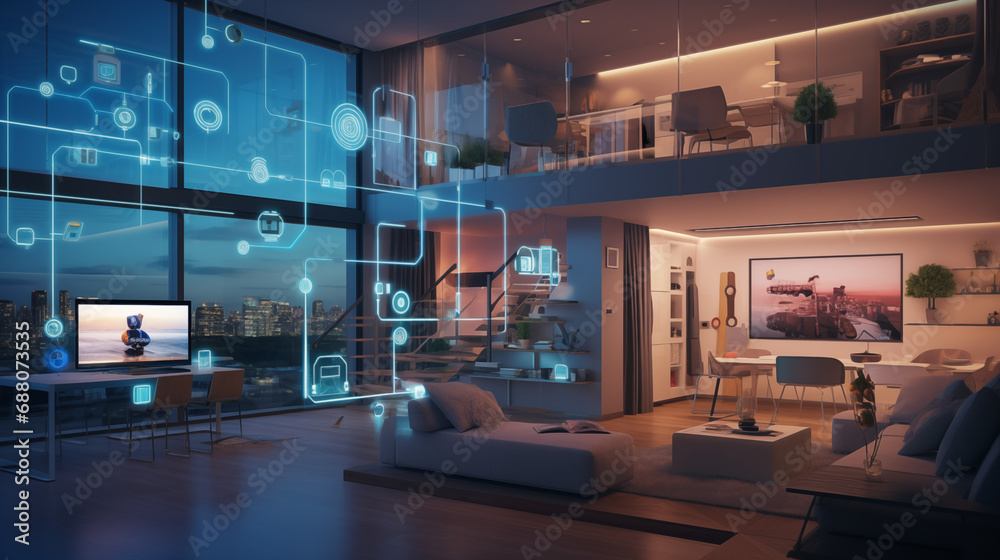 A smart home setup. A modern living space equipped with smart home devices like smart lights, tv and voice - controlled assistants. Smart home interior with augmented reality. AI generative. - obrazy, fototapety, plakaty 