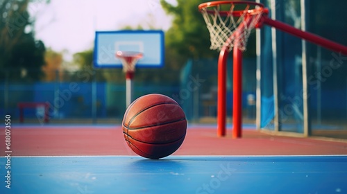 Outdoor basketball court, there are two basketball racks on the court, one side has a red basketball, the other side has a blue basketball, both balls are inflatable, diamond wire photography, 