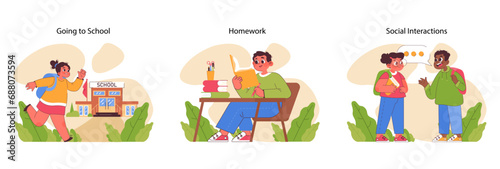 Child's daily routine set. Kids experiencing daily routine moments. Going to school, studying, talking with friends, doing homework. Learning self-discipline. Flat vector illustration © inspiring.team