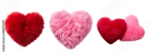 Fluffy soft pillow in heart shape and a set of plush hearts in pink and red, Isolated on Transparent Background, PNG