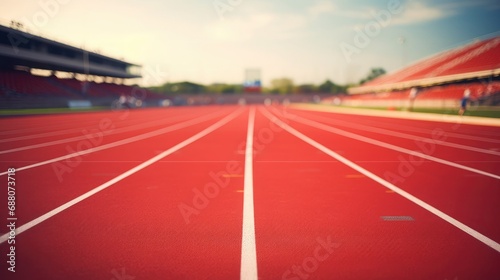 Red running track at stadium, my view from the start of a 100 metres race. all is blurred outside of 10 meters.
