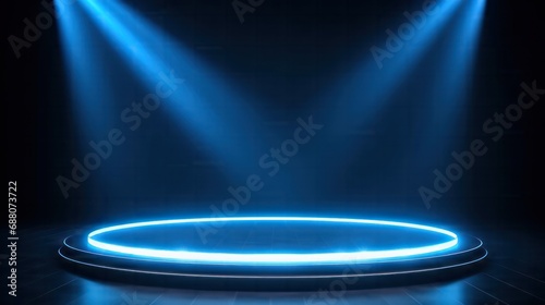 Round podium empty stage illuminated by spotlights 