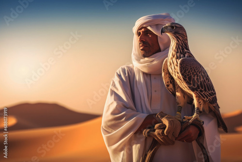 Arabic man with traditional emirates clothes with his falcon bird photo