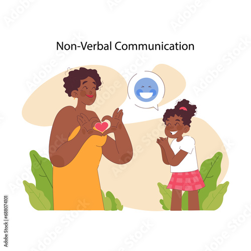 Non-verbal communication concept. Mother and daughter share moment of love and joy, expressing emotions without words, emphasizing power of gestures and facial expressions. Flat vector illustration