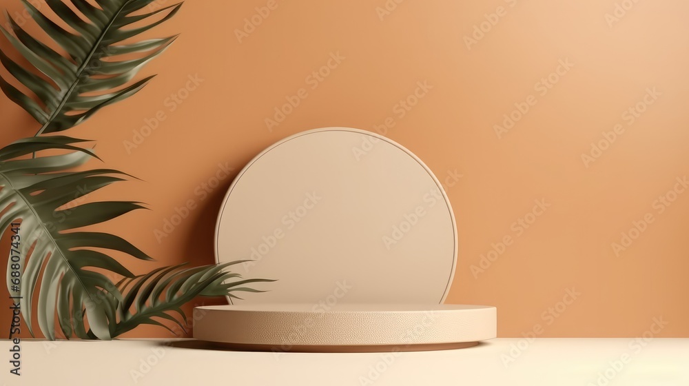 Stone rock podium for display product on beige background, for cosmetic product branding, identity and packaging presentation.promotion display.