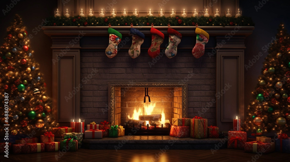 fireplace with stockings christmas trees presents and decorations