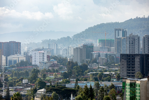 High angle view of Addis Ababa, capital city of Ethiopia with mountains in the background.