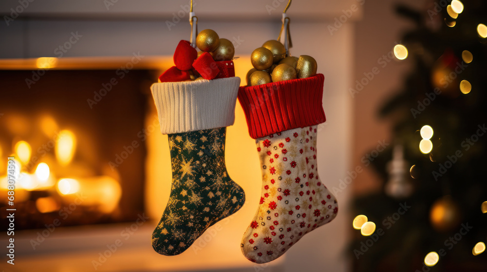 Christmas stockings hanging on a fireplace. Festive cosy holiday background.